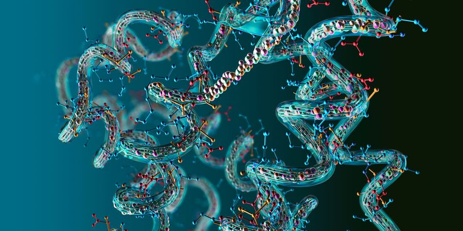 3D-Illustration von Aminosäureketten und Proteinen.