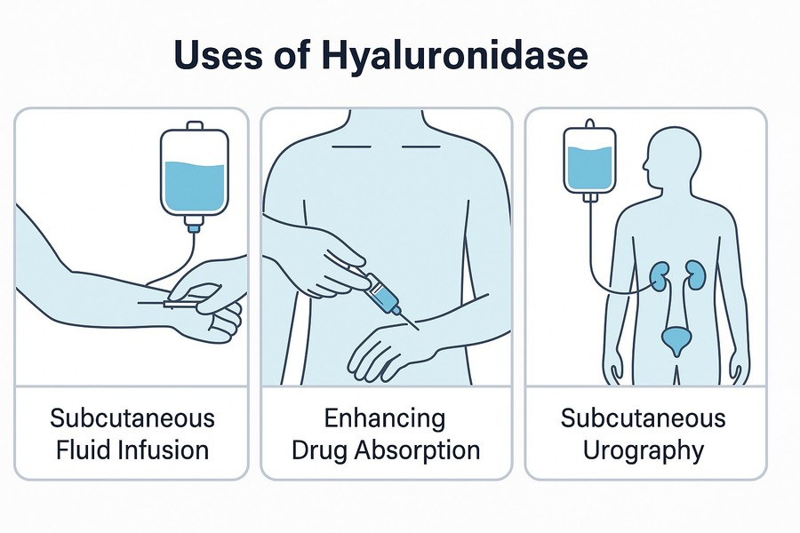 Drei FDA-zugelassene Indikationen: Subkutane Flüssigkeitsinfusion, Verbesserung der Arzneimittelabsorption und subkutane Urographie.