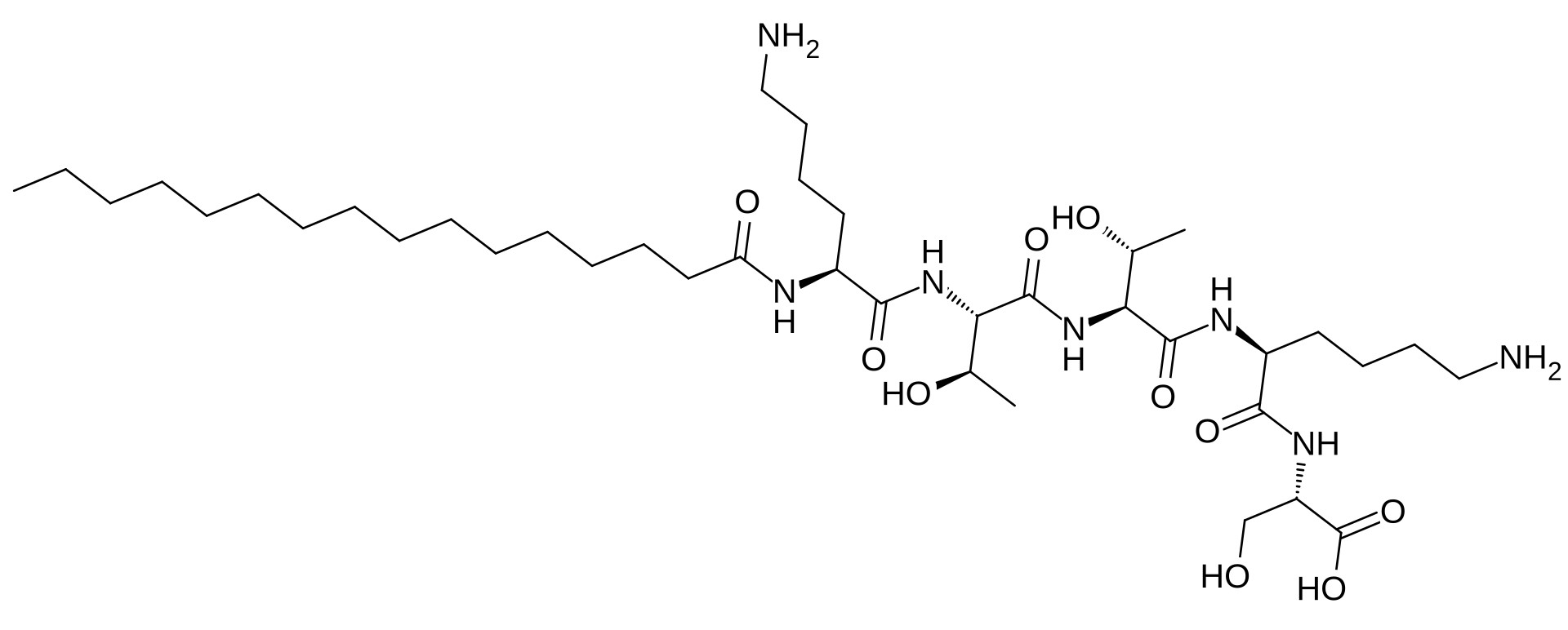 Palmitoyl pentapeptide-4 (Pal-Lys-Thr-Thr-Lys-Ser) enthält 5 Aminosäuren, die an eine 16-kohlenstoffhaltige aliphatische Kette gebunden sind.