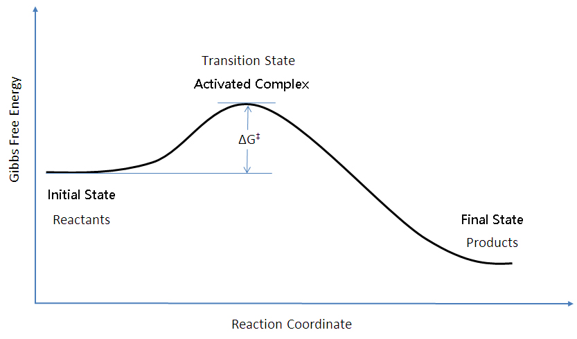 Übergangszustandstheorie. Der Übergangszustand befindet sich am Gipfel der Kurve im Gibbs-freie-Energie-Diagramm.