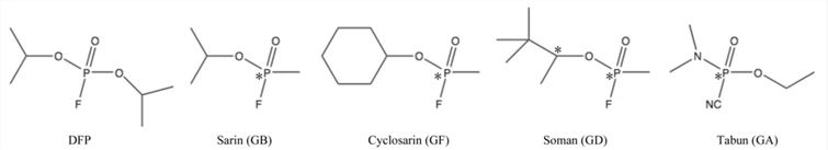 Strukturen der DFPase-Substrate DFP, GB, GF, GD und GA. Stereozentren sind durch Sterne gekennzeichnet.