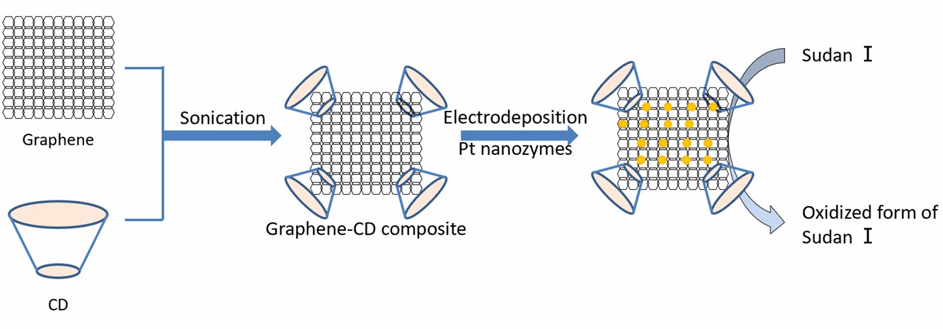 Schematische Darstellung der Herstellung des Graphen / Pt Nanozym-Komposits und des elektrochemischen Mechanismus des Redoxverhaltens von Sudan I auf den Nanozymen.