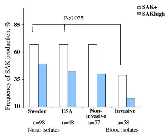Produktion von Staphylokinase durch S. aureus, isoliert aus Nasensekreten gesunder Personen (n = 98 Einwohner von Göteborg, Schweden, und n = 48 Einwohner von Durham, USA) und aus Blutkulturen von Patienten mit Sepsis 