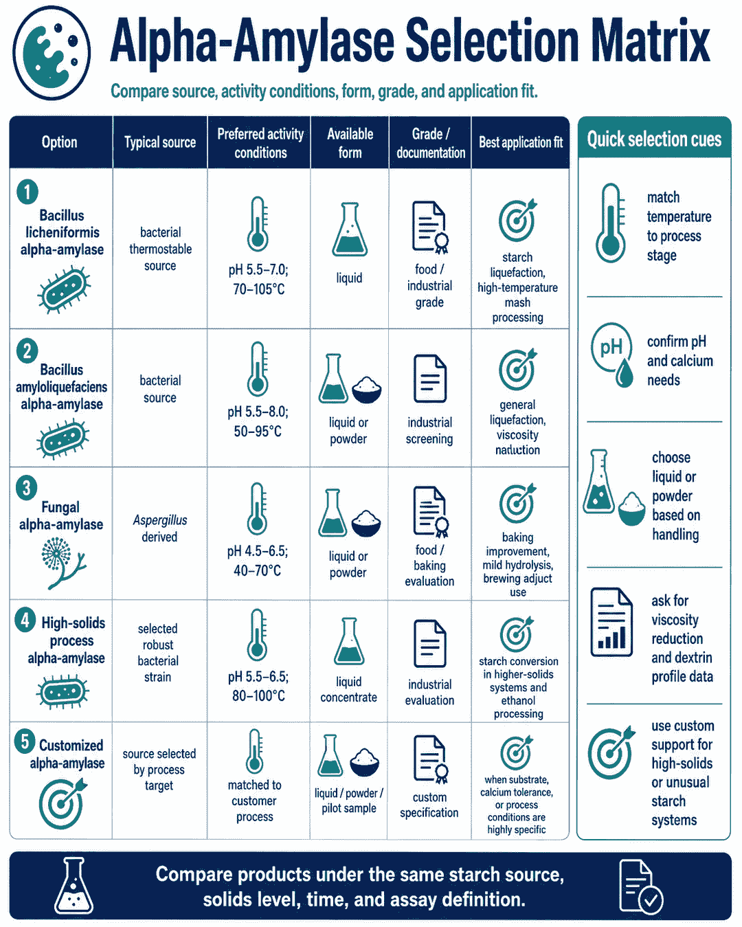Selection matrix for Alpha-Amylase comparing source, activity conditions, form, grade, and application fit