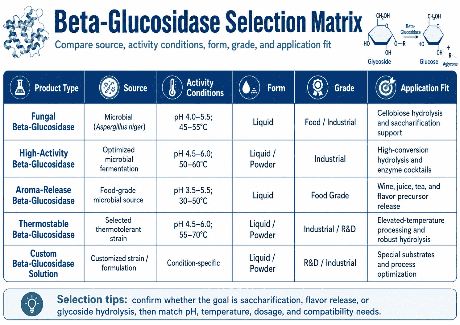 Selection matrix for Beta-Glucosidase comparing source, activity conditions, form, grade, and application fit