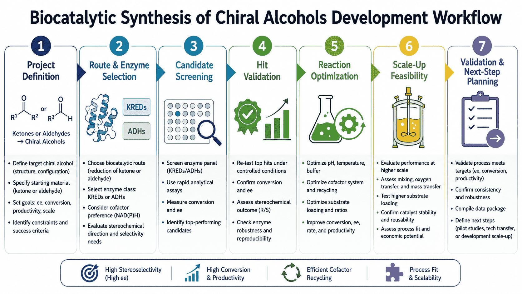 Workflow for biocatalytic synthesis of chiral alcohols from route selection and enzyme screening to cofactor design, chiral analysis, optimization, and process validation