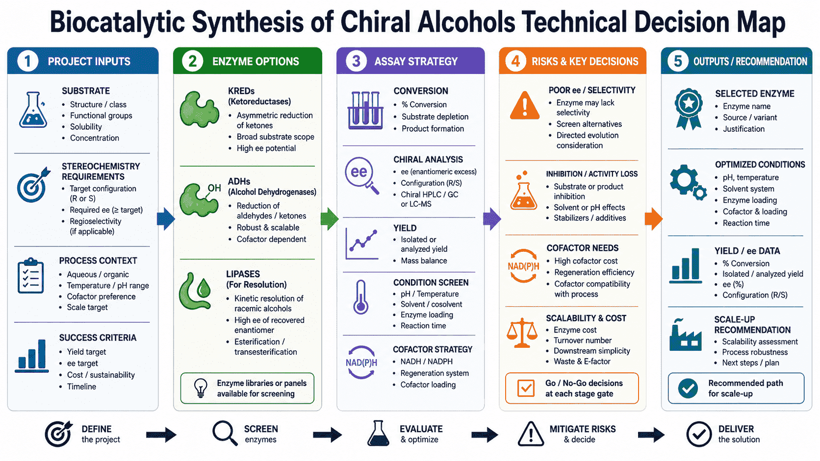 Decision map for biocatalytic synthesis of chiral alcohols showing route strategy, enzyme class, substrate fit, cofactor or acyl donor design, chiral analytics, and optimization path