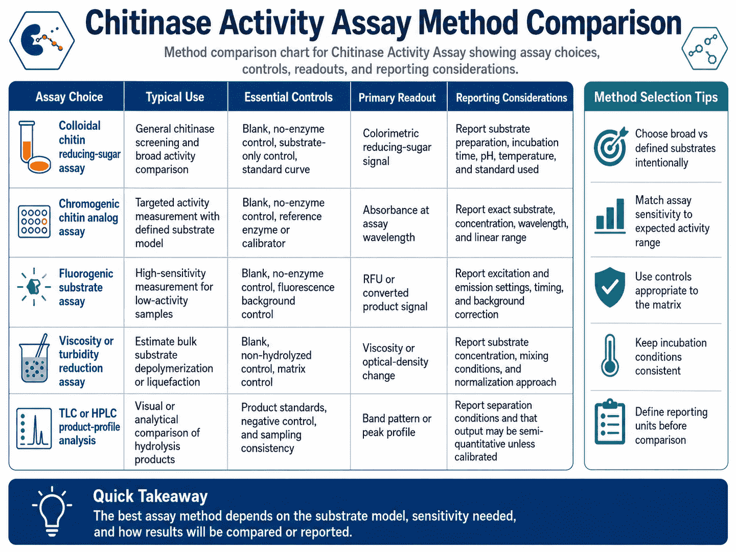 Method comparison chart for Chitinase Activity Assay showing assay choices, controls, readouts, and reporting considerations