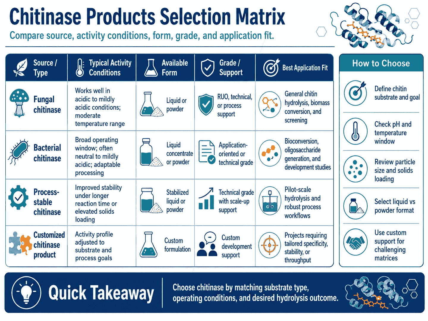 Selection matrix for Chitinase Products comparing source, activity conditions, form, grade, and application fit