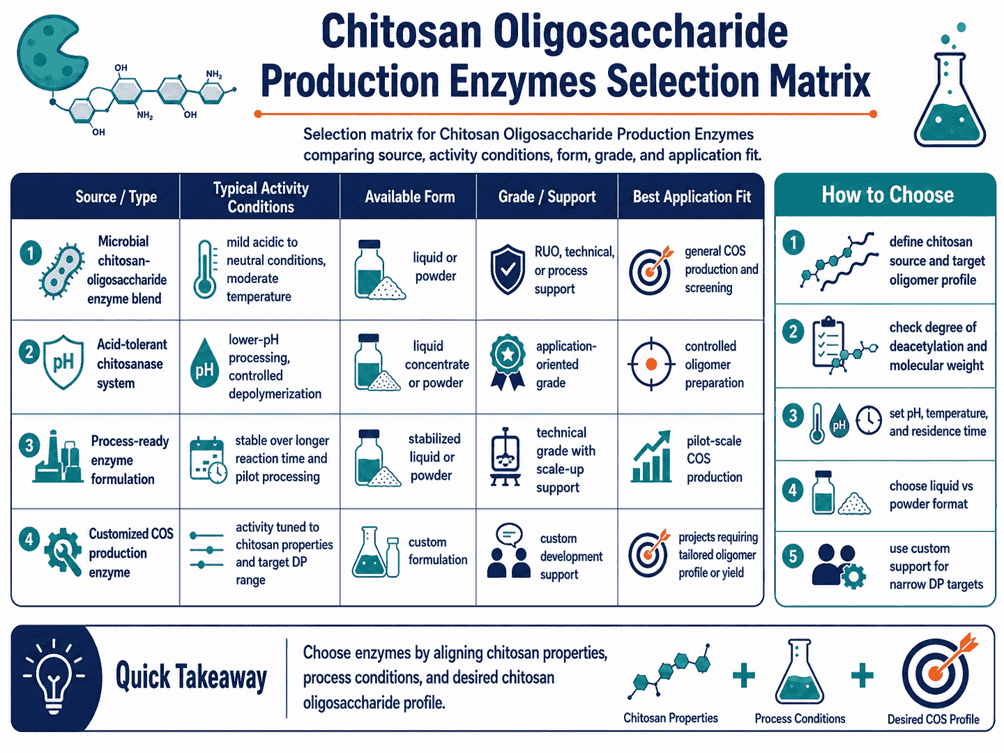 Selection matrix for Chitosan Oligosaccharide Production Enzymes comparing source, activity conditions, form, grade, and application fit