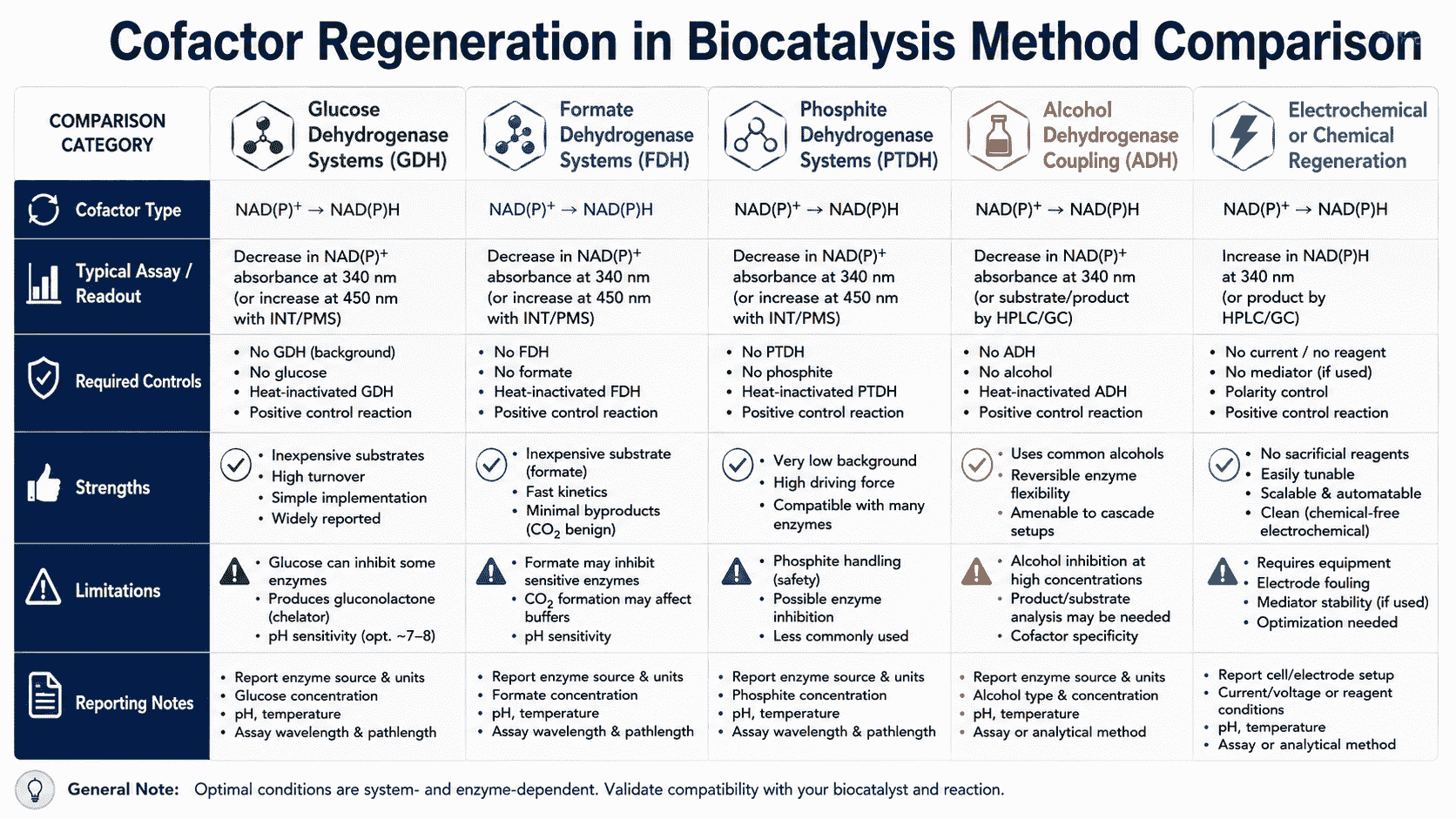 Method comparison for cofactor regeneration in biocatalysis showing NADPH, NADH, NAD plus, NADP plus, ATP, PLP, and flavin support strategies