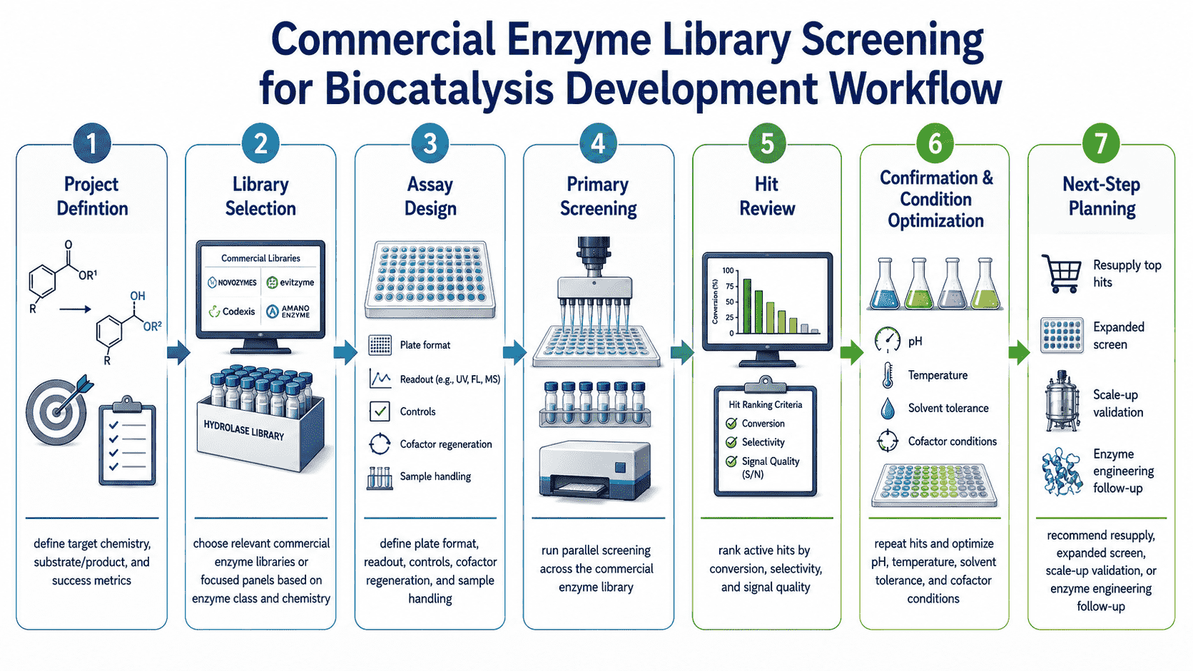 Development workflow for Commercial Enzyme Library Screening for Biocatalysis from project definition to validation and next-step planning