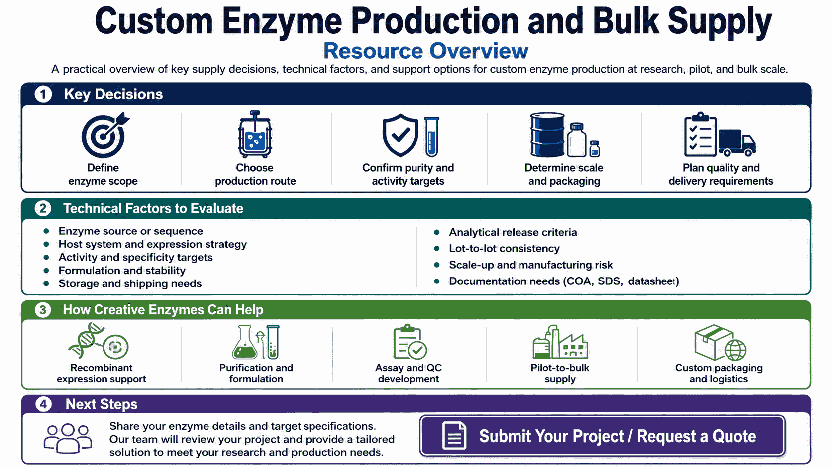 Resource overview for Custom Enzyme Production and Bulk Supply showing key decisions, technical factors, and related Creative Enzymes support