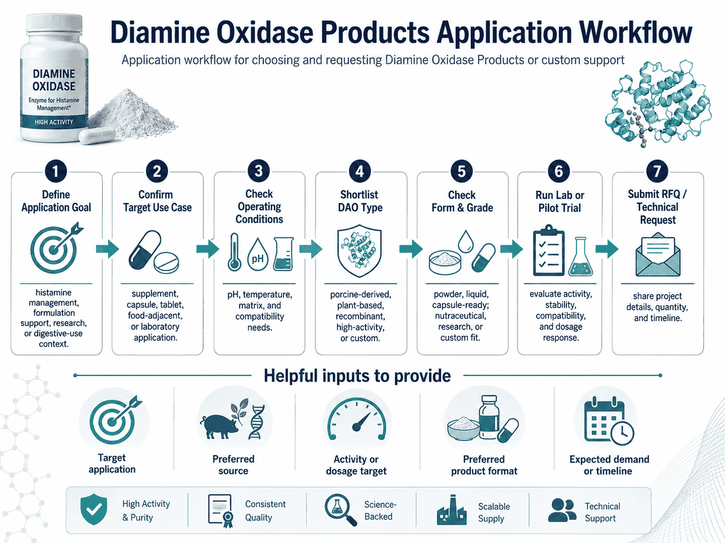 DAO application workflow from target amine and sample matrix definition to screening, assay validation, stability testing, and supply specification