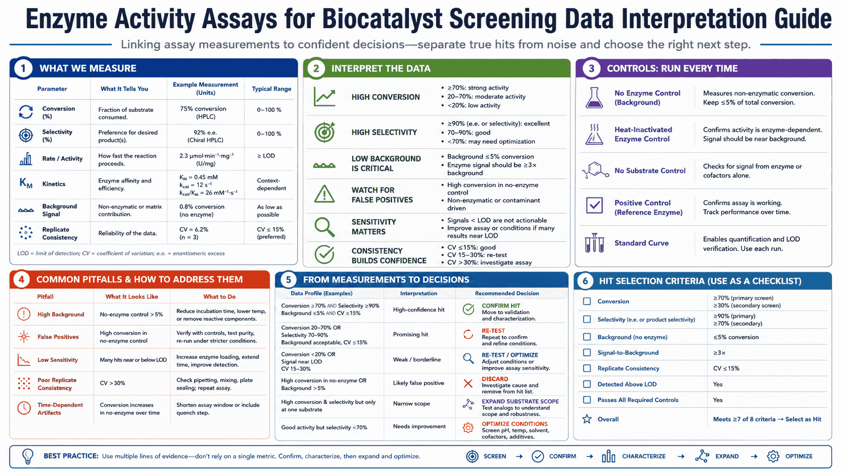 Data interpretation guide for enzyme activity assays in biocatalyst screening showing controls, calibration, hit triage, false positives, and confirmation workflow
