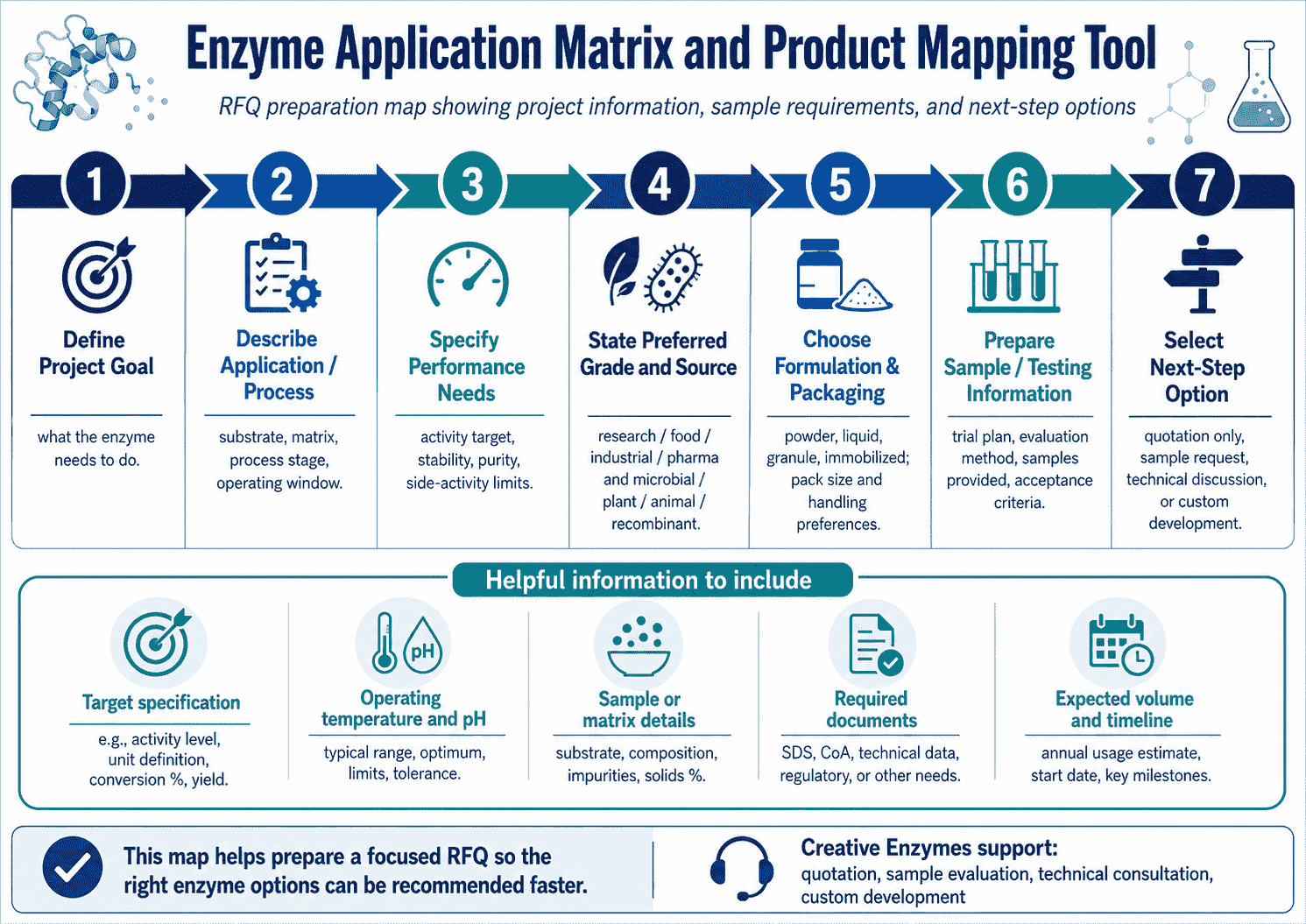 Enzyme product mapping RFQ preparation map showing application goal, substrate, process filters, product requirements, sample needs, and next-step options