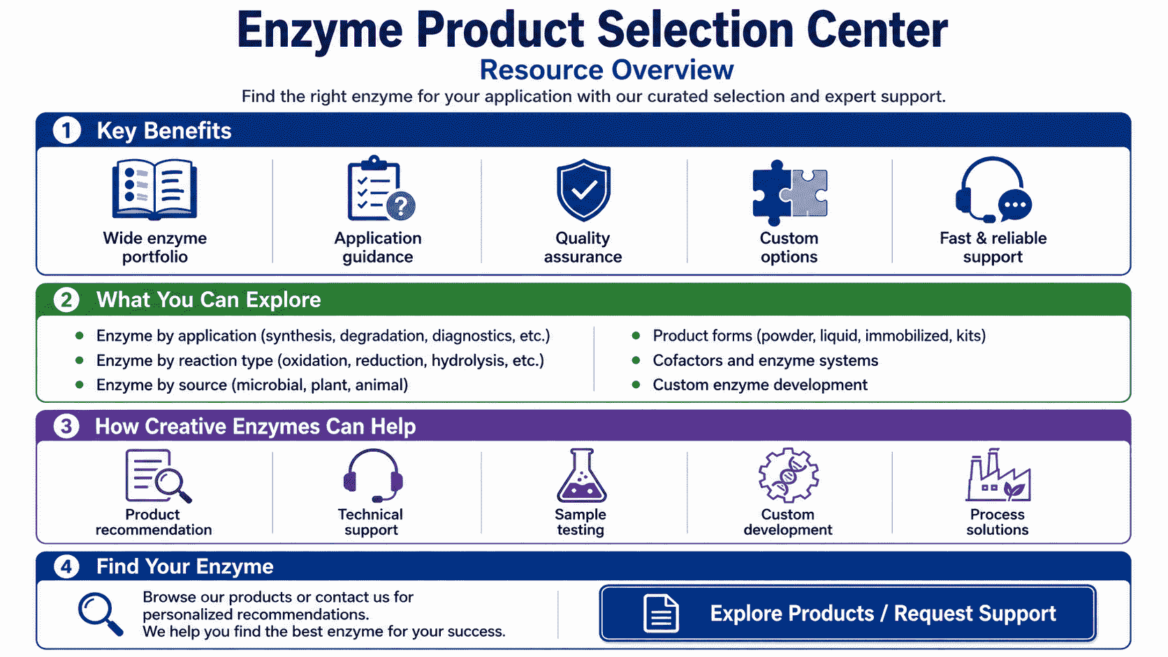 Enzyme product selection overview showing family, application, activity unit, source, grade, form, documentation, testing, and RFQ path