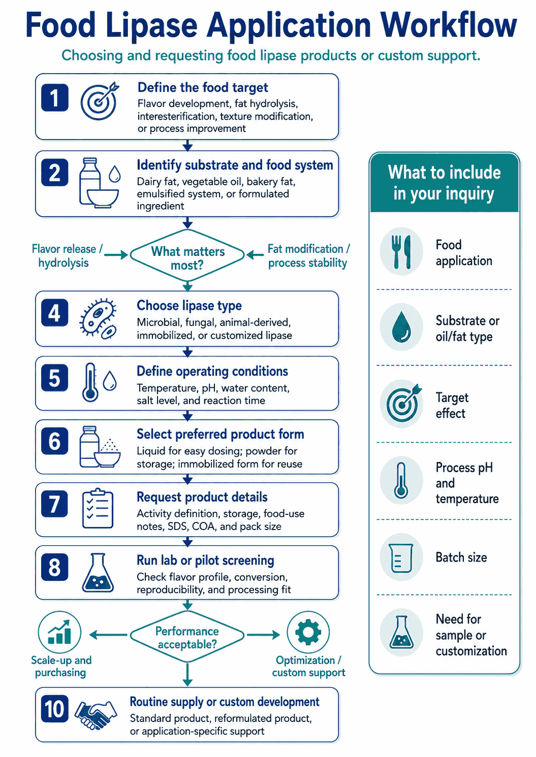 Application workflow for choosing and requesting Food Lipase products or custom support