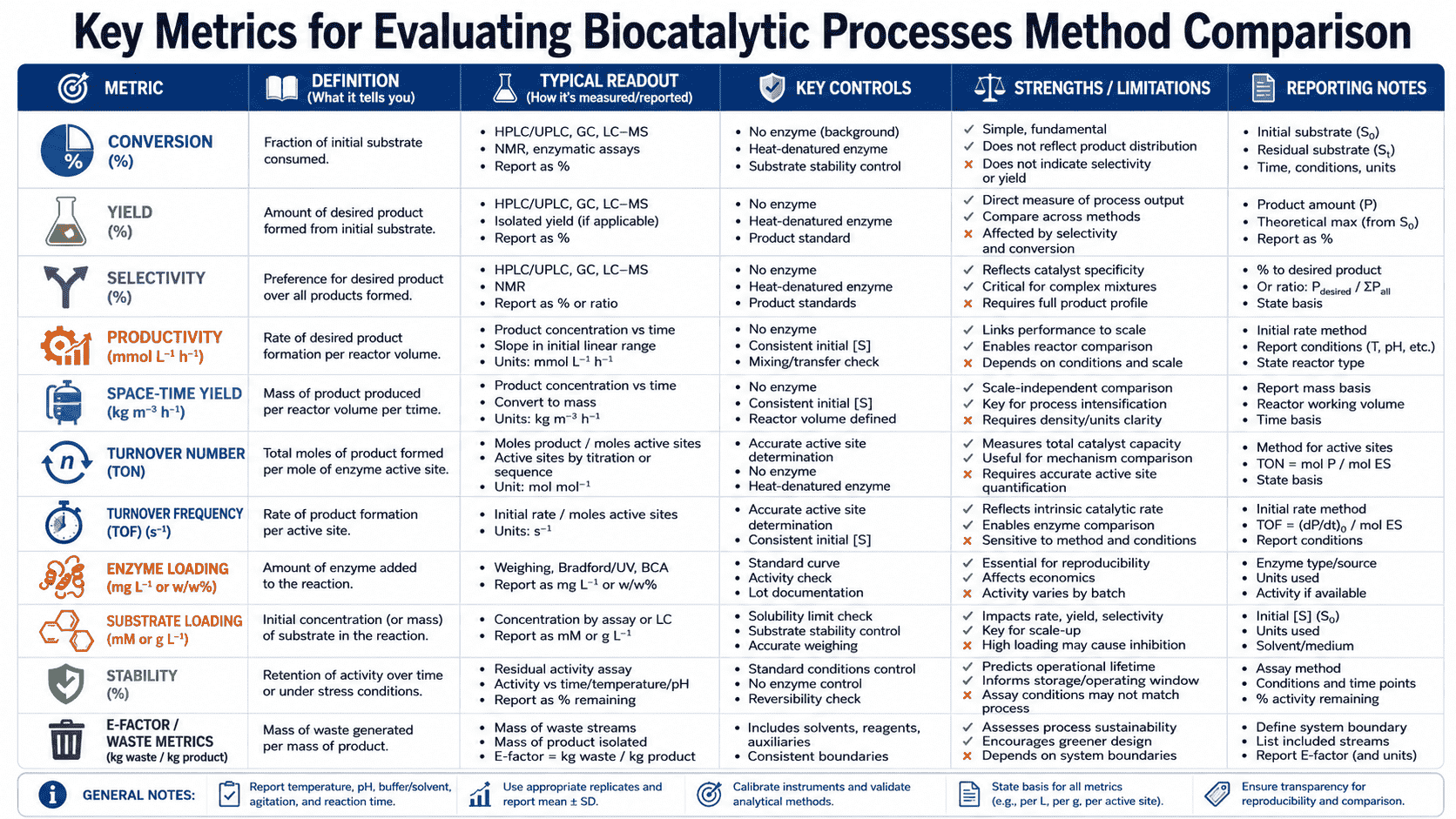Method comparison for evaluating biocatalytic processes including conversion, yield, selectivity, productivity, catalyst efficiency, PMI, E-factor, and scale-up metrics