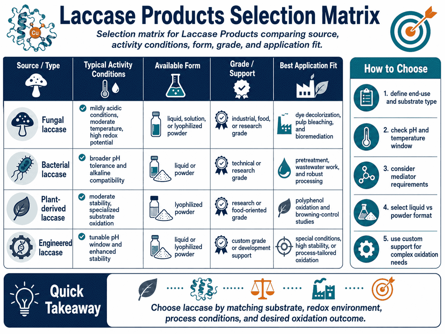 Selection matrix for Laccase Products comparing source, activity conditions, form, grade, and application fit