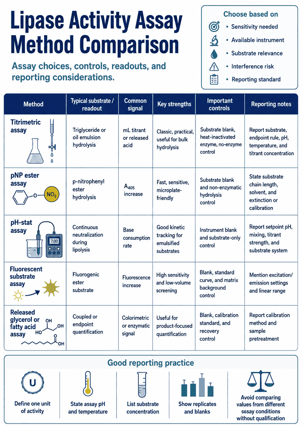 Method comparison chart for Lipase Activity Assay showing assay choices, controls, readouts, and reporting considerations