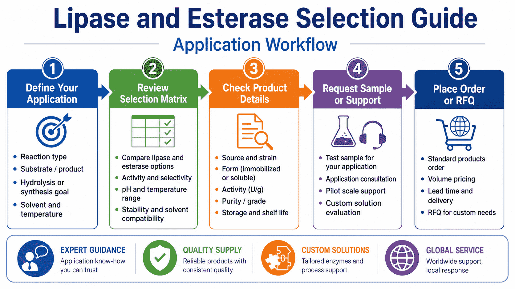 Application workflow for lipase and esterase selection from substrate and reaction direction to water activity, immobilized format, assay confirmation, product profile, and RFQ preparation