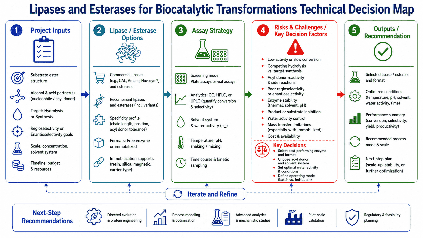 Decision map for lipases and esterases in biocatalytic transformations showing reaction mode, substrate scope, water activity, solvent tolerance, immobilized format, selectivity, and analytical validation