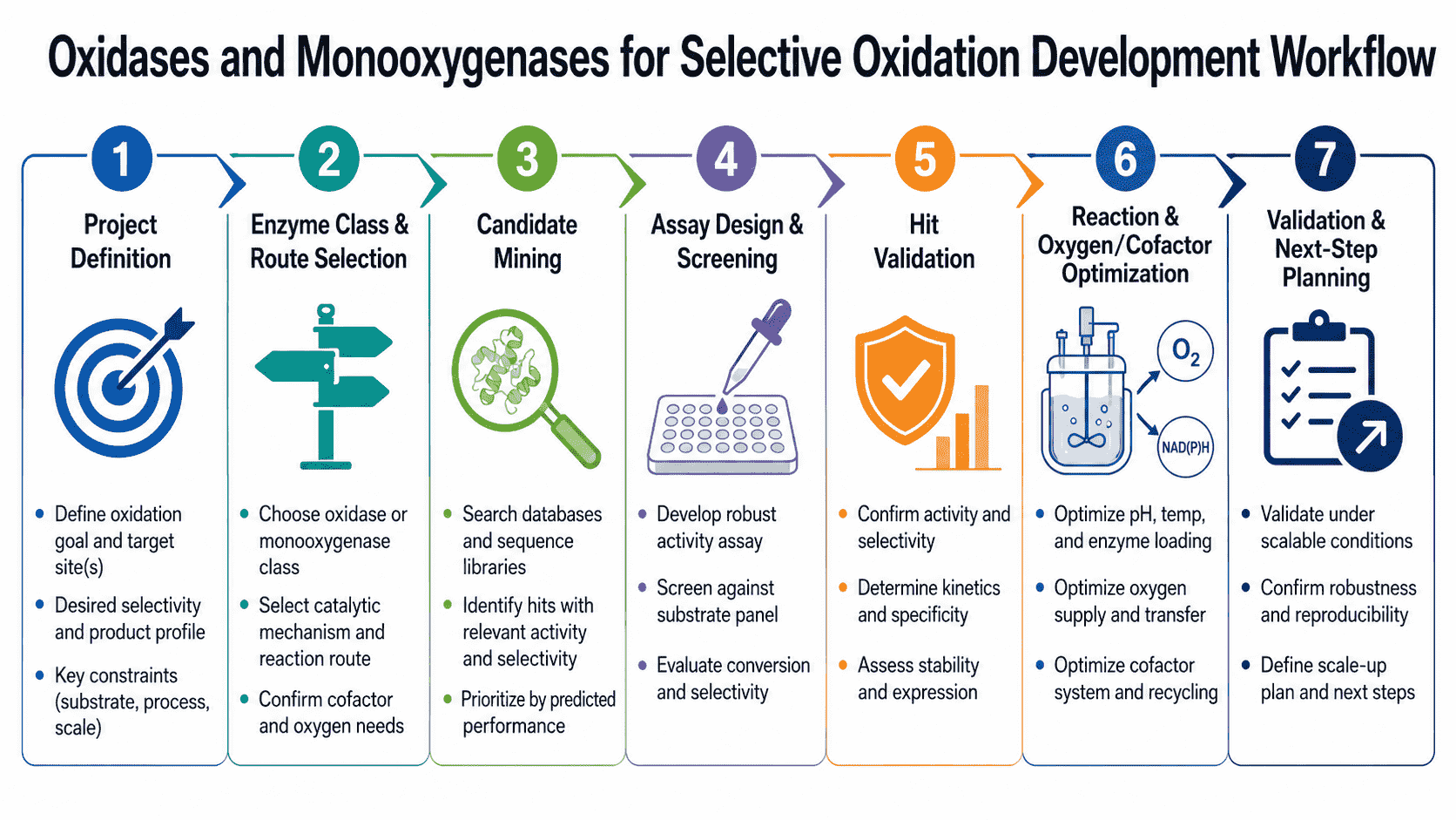 Workflow for oxidases and monooxygenases for selective oxidation from reaction definition and enzyme class selection to oxygen transfer, cofactor regeneration, product analytics, and optimization
