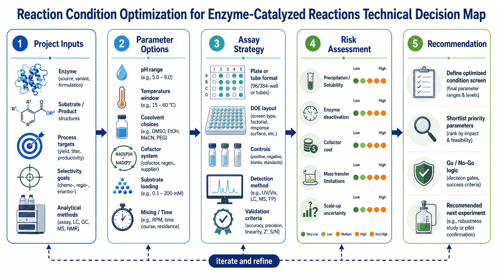 Decision map for optimizing enzyme-catalyzed reaction conditions including pH, temperature, substrate loading, enzyme loading, cofactors, solvents, DoE, and scale-up validation