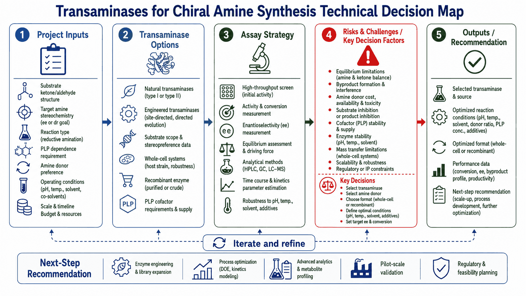 Decision map for transaminases for chiral amine synthesis showing route type, donor strategy, equilibrium control, substrate fit, R/S selectivity, analytics, and optimization path